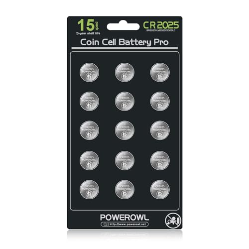 POWEROWL High Capacity CR2025 Battery (15-Pack) 2025 3v Lithium Batteries, 10 Years Leak-Free
