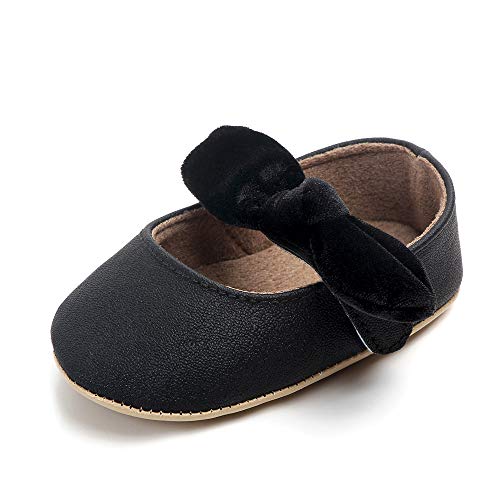 Enteer Baby Girls' Mary Jane Flats Anti-Slip Rubber Sole Bow Toddler Princess Shoes Black US 3