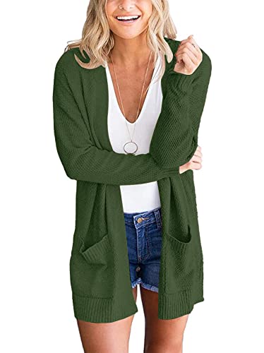 MEROKEETY Women's 2023 Long Sleeve Waffle Knit Cardigan Open Front Cozy Sweater Coat with Pockets,ArmyGreen,M