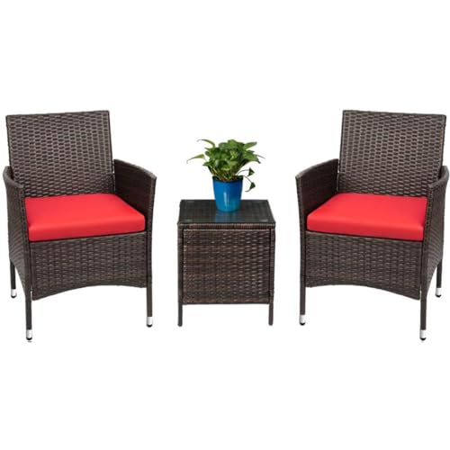 Devoko Patio Porch Furniture Sets 3 Pieces PE Rattan Wicker Chairs with Table Outdoor Garden Furniture Sets (Brown/Red)