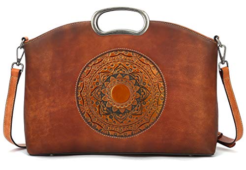 ah arctic hunter Genuine Leather Handbags for Women, Organizer Crossbody Bag Large Satchel Vintage Embossing Totem Shoulder Bag, Brown, 14.37*4.13*10.63inches