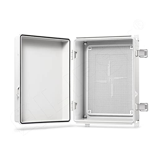 QILIPSU Hinged Cover Stainless Steel Latch 370x270x150mm Junction Box with Mounting Plate, ABS Plastic DIY Electrical Project Case IP67 Waterproof Dustproof Enclosure Grey (14.6'x10.6'x5.9')