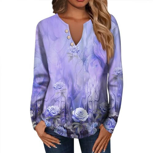 Plus Size Tops for Women Oversized T Shirt Ladies Long Sleeve Work Spring Casual Mid Zip Print Button Fit Polyester Stretch Top Light Purple