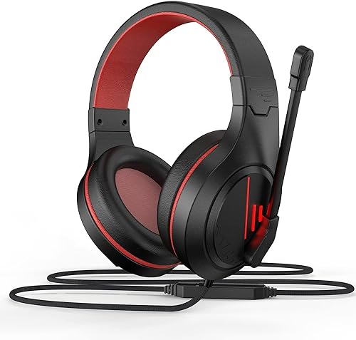 Anivia MH601 Headphones with Microphone Wired Headset with Active Noise Canceling Microphone, 3.5mm Audio Jack Stereo Headphone - Red (Game/Work/School)