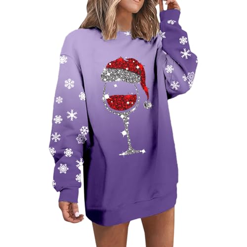 Womens Sweatshirt Dress Christmas Wine Glass Print Crewneck Long Sleeve Loose Pullover Dress Comfy Fashion Fall Winter Mini Dress Christmas Dress Women Formal Vintage Christmas Dress Toddler