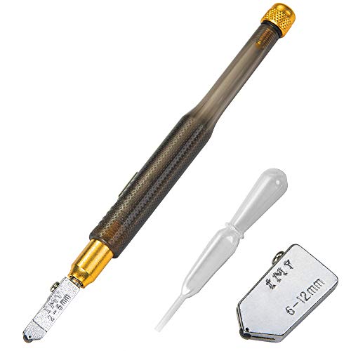 IMT Pencil Style Oil Feed Glass Cutter Tungsten Carbide Tip, Professional Mosaic/Tiles/Stained Glass Cutting Tool with Extra Replaceable Head and Oil Reservoir, 2mm-12mm