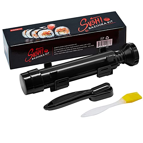 Sushi Making Kit, AIMEETO All in One Sushi Bazooka Maker with Nigiri Maker, Silicone Brush, Professional DIY Sushi Roller Mold Black