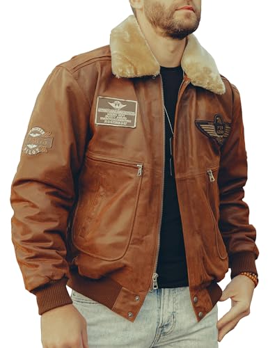 FLAVOR Men's Real Leather Bomber Jacket with Removable Fur Collar Aviator (Large, Brown)