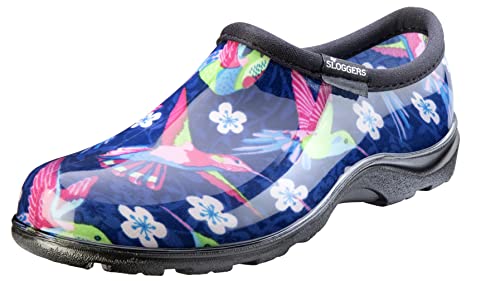 Sloggers Waterproof Garden Shoe for Women – Outdoor Slip-On Rain and Garden Clogs with Premium Comfort Support Insole, (Blue/Pink Hummingbird), (Size 9)