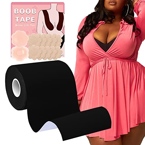 BEWTEIM Boobs Tape, Breast Lift Tape for Large Breasts, Black Boobytape for Breast Lift Plus Size, 3 inch Adhesive Bra Tape 1 Pair Silicon Nipple Stickers and 5 Pairs Satin Breast Petals