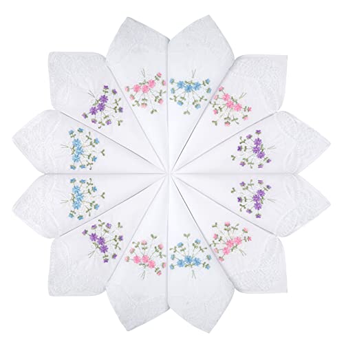 Selected Hanky Women's Cotton Handkerchiefs Flower Embroidered with Lace, Ladies Hankies 12 Pcs - Assorted