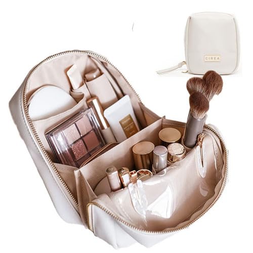 CIREA Elegant Portable Puffer Cosmetic Bag for Women with Compartments Large Capacity Travel Makeup Bag for Purse (Beige)