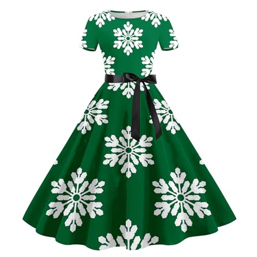 Womens Christmas Dresses 50s Vintage Cocktail Swing Dress Snowflake Short Sleeve Midi Dress Holiday Party Dress
