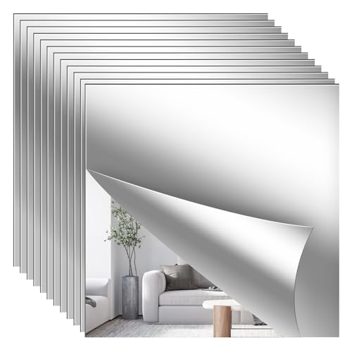 12PCS Acrylic Mirror Tiles,12x12 Inch Flexible Mirror Sheet,Self Adhesive Self Cuttable Mirror Wall Stickers Non Glass Square Mirrors for Home Wall DIY Decor