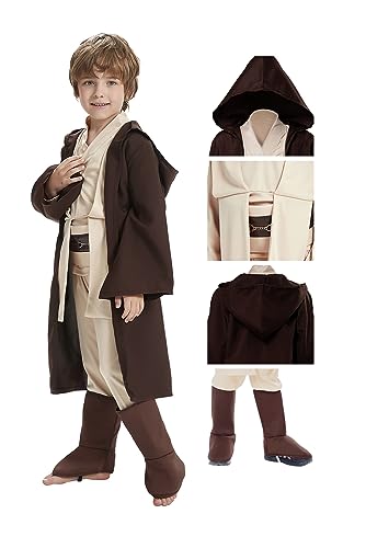 Knight Costume Kids Child Tunic Hooded Robe Pants Belt Shoes Halloween Cosplay Costume Outfit Suit (Large, Brown)