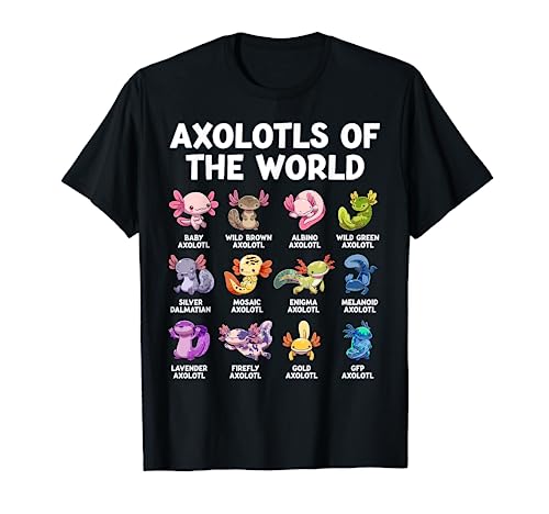 Axolotls Of The World Kawaii Types Of Axolotl Fish Amphibian Short Sleeve Black T-Shirt (Small)