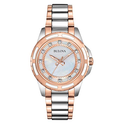 Bulova Ladies' Classic Diamond, Two-Tone Rose Gold Stainless Steel 3-Hand Quartz Watch, White Mother-of-Pearl Dial Style: 98P134