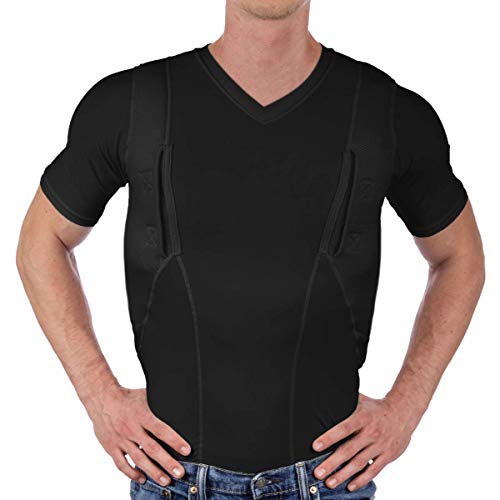 CCW Tactical Concealed Carry Holster Shirt | Secure Velcro Pocket with Large Storage | Mens V-Neck, Black XL