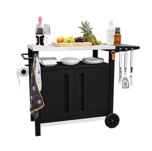 EMBERLI XL Grill Cart Outdoor with Storage with Wheels - Modular Grill Table of Outside BBQ, Blackstone Griddle 17' 22', Bar Patio Cabinet Kitchen Island Prep Stand