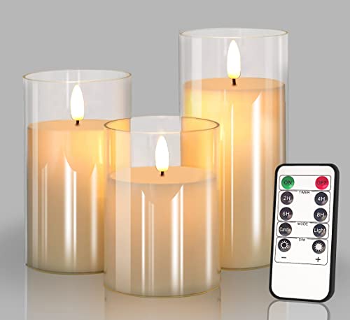 Glass Battery Operated LED Flameless Candles with Remote and Timer, Real Wax Candles Warm Color Flickering Light for Festival Wedding Home Party Decor(Pack of 3)-Lvory White