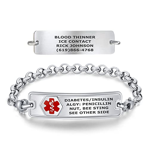 Divoti Custom Engraved Medical Alert Bracelets for Women, Stainless Steel Medical ID Bracelet w/Free Engraving – Classic Tag w/Elegant Rolo Chain - Stainless Silver/Red-6.5'
