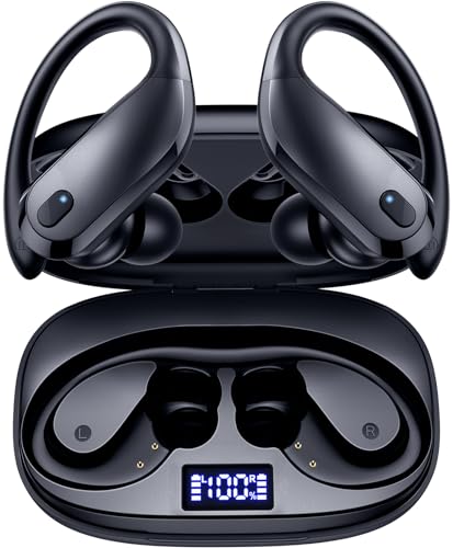 Bluetooth Headphones Wireless Earbuds Over Ear Buds 90H Playback IPX7 Waterproof Sports Earphones Deep Bass with Wireless Charging Case & Dual LED Power Display Earhooks Headset for Workout/Running