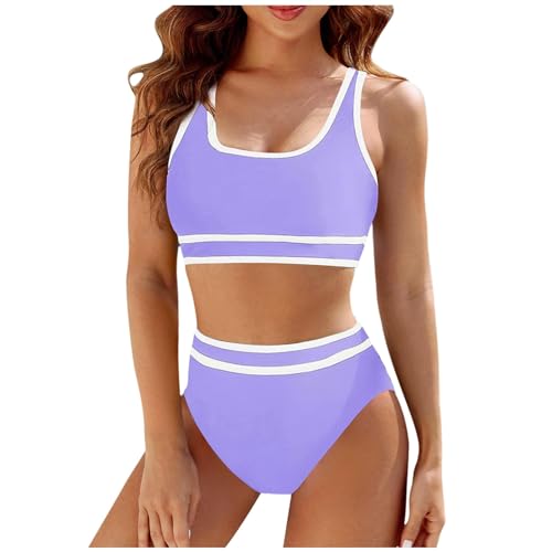 UANGKOU Girl Swimsuit Size 10-12 Women Bikini Sets High Waist Tummy Control Swimsuit Color Block Bathing Suits Tankini Suits for Women White Triangle Bikini Top