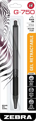 Zebra Pen G-750 Retractable Gel Pen, Black Brass Barrel, Medium Point, 0.7mm, Black Ink, 1-Pack Plus 1 Black Refill and 1 Blue Refill (49811)