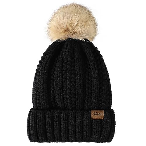 Pleneal Womens Winter Knit Beanie Hat with Faux Fur, Warm Skull Cap Beanies for Women Black