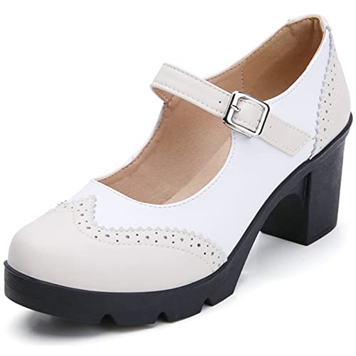 DADAWEN Women's Chunky Low Block Heels Mary Jane Closed Toe Work Pumps Comfortable Round Toe Oxfords Dress Wedding Shoes Beige/White US Size 10