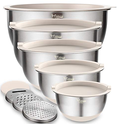 Wildone Mixing Bowls Set of 5, Stainless Steel Nesting Bowls with Khaki Lids, 3 Grater Attachments, Measurement Marks & Non-Slip Bottoms, Size 5, 3, 2, 1.5, 0.63 QT, Great for Mixing & Serving