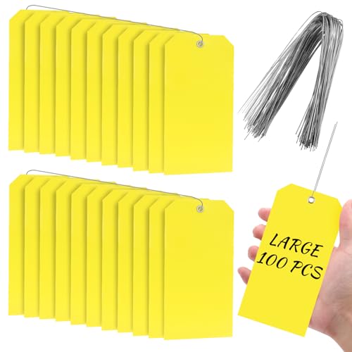 100 Pieces 6 1/4' x 3 1/8' Yellow Plastic Shipping Tags with Wire Durable Writable Hang Tags with Reinforced Patch Waterproof Tags Labeling Shipping Labels for Equipment Car Parts