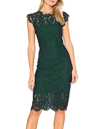 MEROKEETY Women's Sleeveless Lace Floral Elegant Cocktail Dress Crew Neck Knee Length for Party, Dark Green, X-Large