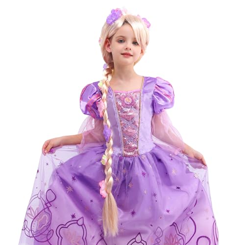 Lingway Toys Luxury Girls Princess Dress Up Costumes,Rapunzel Cosplay Dress With Rapunzel Wig Style B 5-6years
