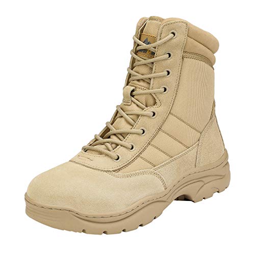 NORTIV 8 Mens Military Tactical Work Boots Side Zipper Hiking Leather Outdoor 8 Inches Motorcycle Combat Boots s Size 10.5 M US Trooper, Sand-8 Inches