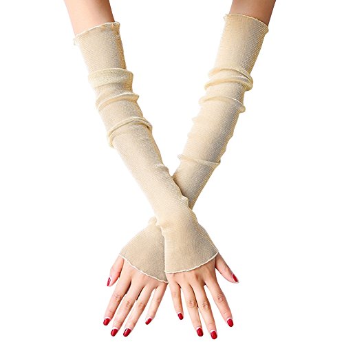 EachWell Women Girls UV Protection Long Lace Solid Fingerless Gloves Sunblock Arm Sleeves Beige
