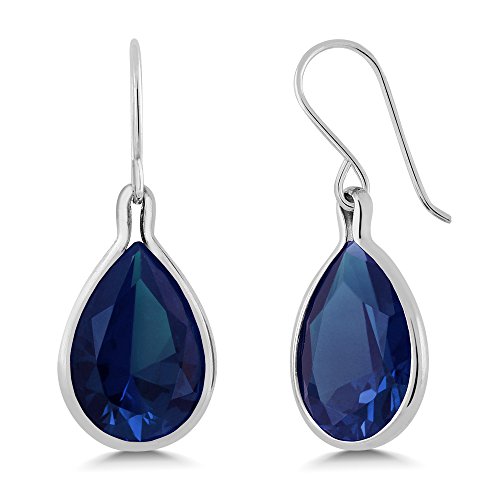 Gem Stone King 925 Sterling Silver Blue Created Sapphire Dangle Earrings For Women (20.40 Cttw, Pear Shape 16X12MM)