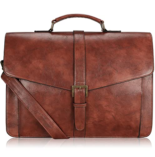 ESTARER Men's Leather Briefcase for Travel/Office/Business 15.6 Inch Laptop Messenger Bag, Brown