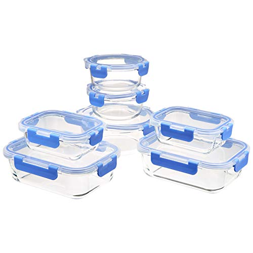 Amazon Basics Glass Food Storage Container with BPA-Free Locking Lid - Set of 14 pieces, clear with blue silicone ring