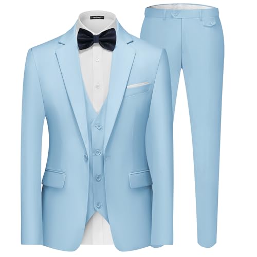 MAGE MALE Men's 3 Pieces Suit Elegant Solid One Button Slim Fit Single Breasted Party Blazer Vest Pants Set Light Blue