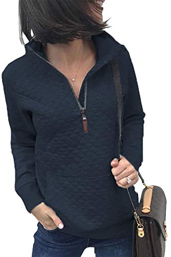 BTFBM Women Fashion Quilted Pattern Lightweight Zipper Long Sleeve Plain Casual Ladies Sweatshirts Pullovers Shirts Tops (Navy, Medium)