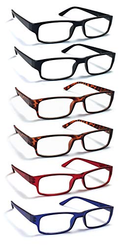 Boost Eyewear 6 Pack Reading Glasses, Traditional Frames in Black, Tortoise Shell, Blue and Red, for Men and Women, with Comfort Spring Loaded Hinges, Assorted Colors, 6 Pairs (2.75, 9, 2, 0, 0, 6)