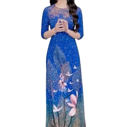 Hoadinh Vietnamese Traditional Ao Dai Makes Woman Elegant and Beautiful. Soft Stretchy Japanese Silk 3D Print Pattern (2XL), 18