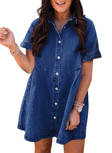 Sidefeel Womens Short Sleeve Babydoll Button Down Denim Jeans Dresses Medium Blue
