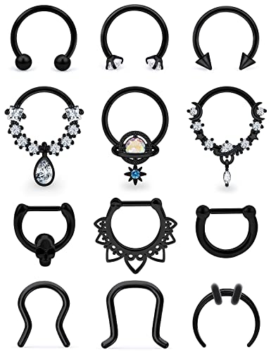 Vsnnsns 16G Septum Jewelry Septum Ring Piercing Jewelry Septum Clicker Ring and Horseshoe Barbell Stainless Steel Septum Nose Rings Hoop for Men Women Black 10mm 12pcs