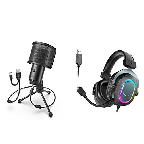 FIFINE USB C Microphone and Gaming Headset, Desktop PC Mic with Extra USB-C Plug Mute Button Headphone Jack, Wired Headphones with 7.1 Surround Sound for Streaming Recording YouTube (K683A+H6)