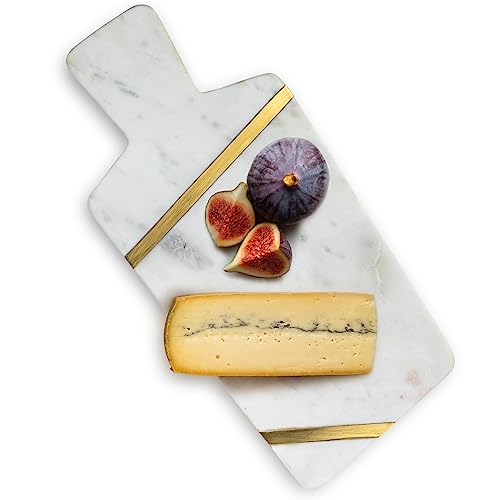 Cork & Mill Marble Cheese Board, Handcrafted Marble and Brass Charcuterie Board, Modern Decorative 15' Long Kitchen Serving Platter, White and Gold Cheese Tray