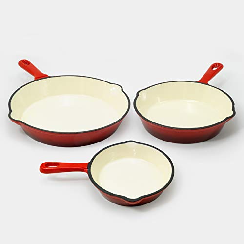 EXCELSTEEL 3 Pc Cast Iron Skillet Set w/ Red Enamel Coating, Perfect for Home Stovetop and Delicious Outdoor Cooking Skillet Set