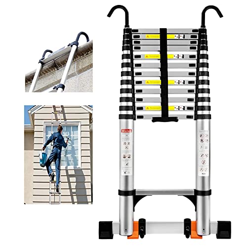 Wolec 16.5FT Telescoping Ladder with 2 Detachable Hooks,Reinforced Anti-Pinch Telescopic ladders with 2 Triangle Stabilizers, Portable Wheels Non-Slip Balance Bar,Heavy Duty 330lbs Max Capacity