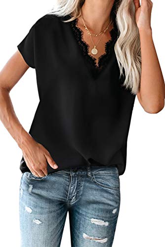 lime flare Women Sexy V Neck Lace Trim Satin T-Shirt Tops Dressy Silk Lacy Tank Blouse Shirt (Black Eyelash Lace Short Sleeve,X-L)